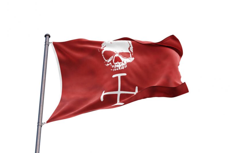 Drapeau Pirate au Fond Rouge de Profil - Jolly Roger